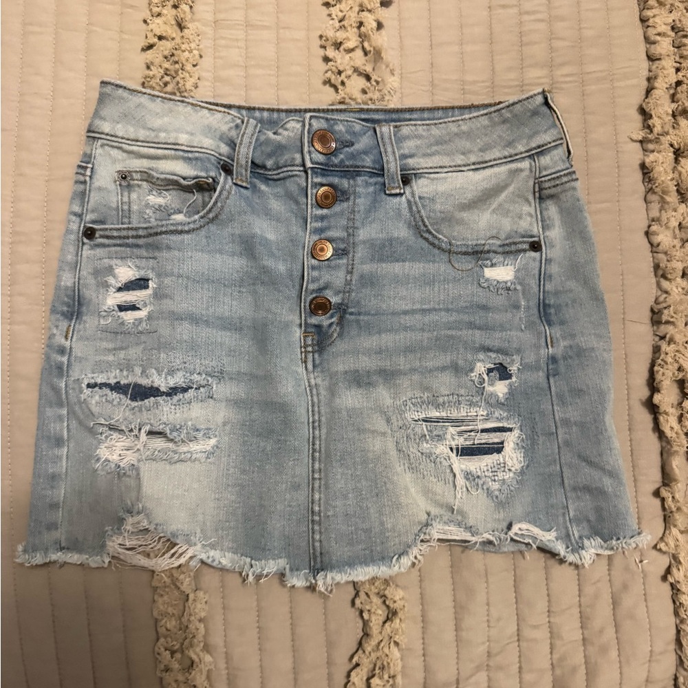 American Eagle Outfitters Light Blue Distressed Mini Skirt